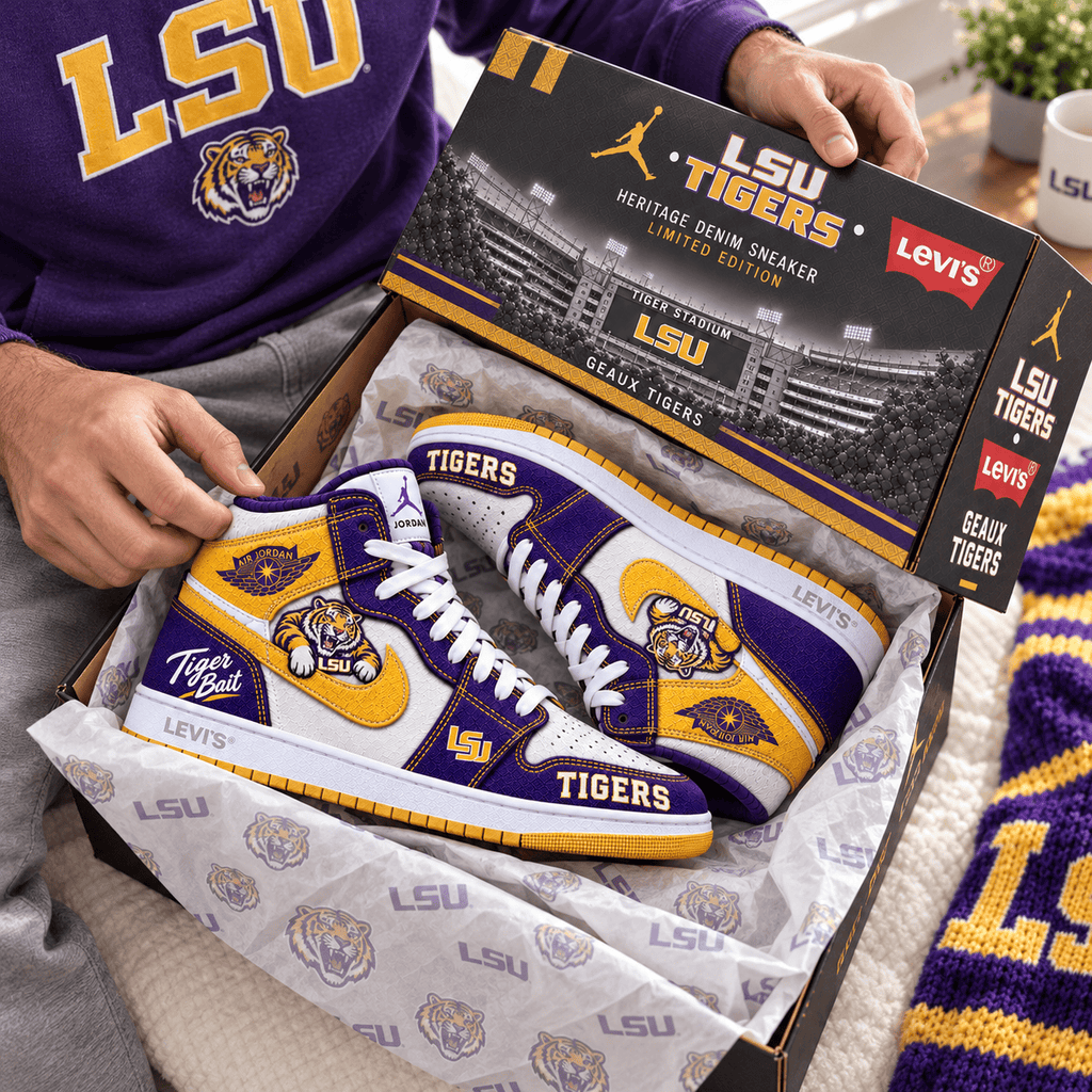 LSU Premium Denim Embroidered High-Top Sneakers NTNA