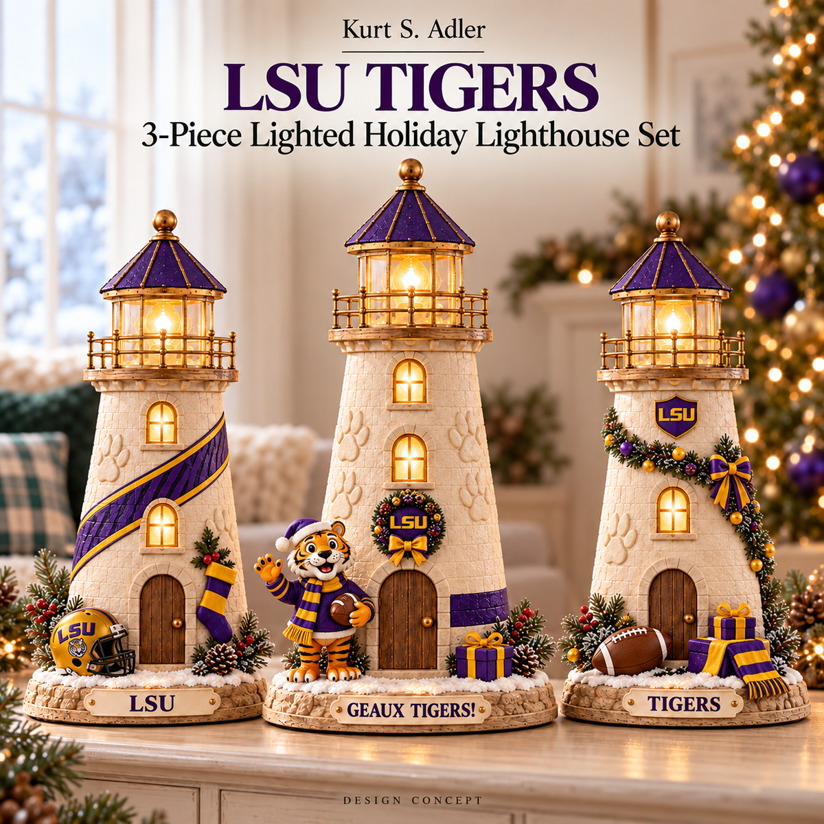LSU Premium Holiday Lighthouse Trio TMH